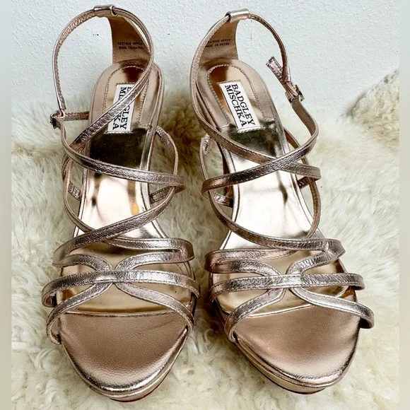 Badgley Mischka Gold Leather Metallic Strappy Stiletto Heels Sz 8.5 - Picture 4 of 10